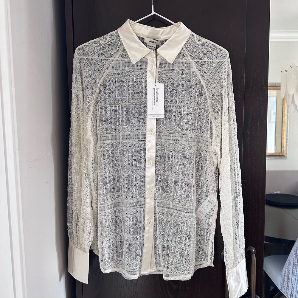 Jason Wu Ivory Lace Button Down party Blouse w/Satin Trim  XS ( watch video pls)
